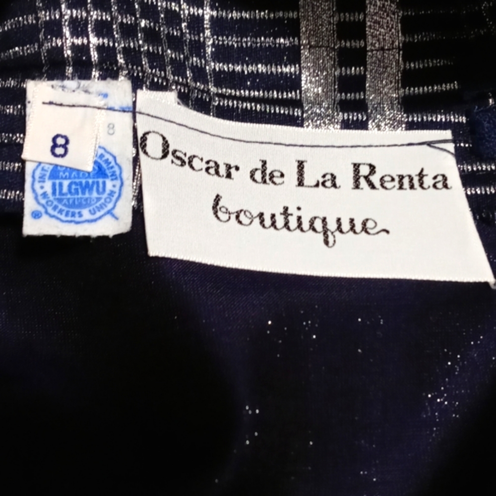 💙VTG 1960s Oscar de la Renta💙 - Navy Silk & Silver Metallic Plaid Mod Dress - Picture 3 of 16